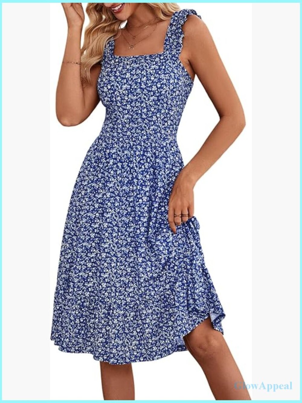 Midi Dress with Square Neck, Elastic Straps, A-Line Silhouette, Lightweight